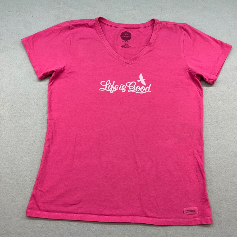 Life is Good Crusher Tee Pink V-Neck Graphic T-Shirt Women Large Classic Fit